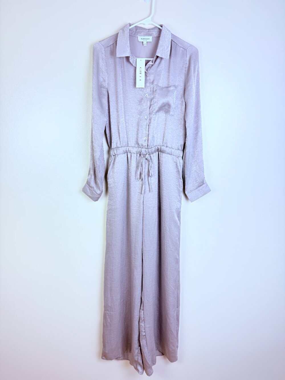 NWT Gilli Satin Button Down Drawstring Waist Wide Leg Jumpsuit Long Sleeve L